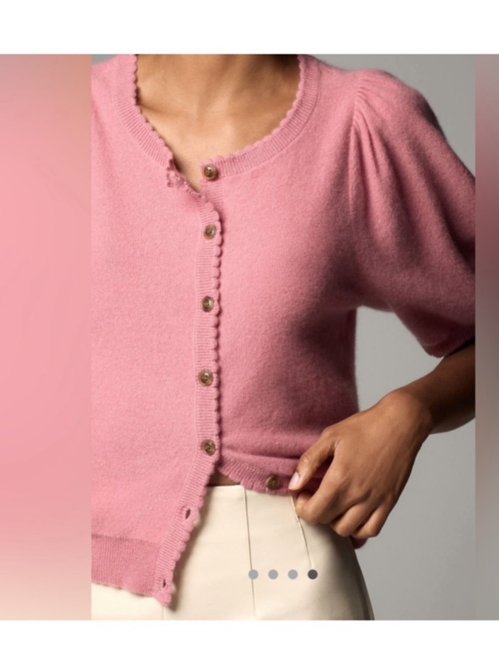 Maeve Pink Button-Front Puff Sleeve Cashmere Cardigan - Picture 5 of 6